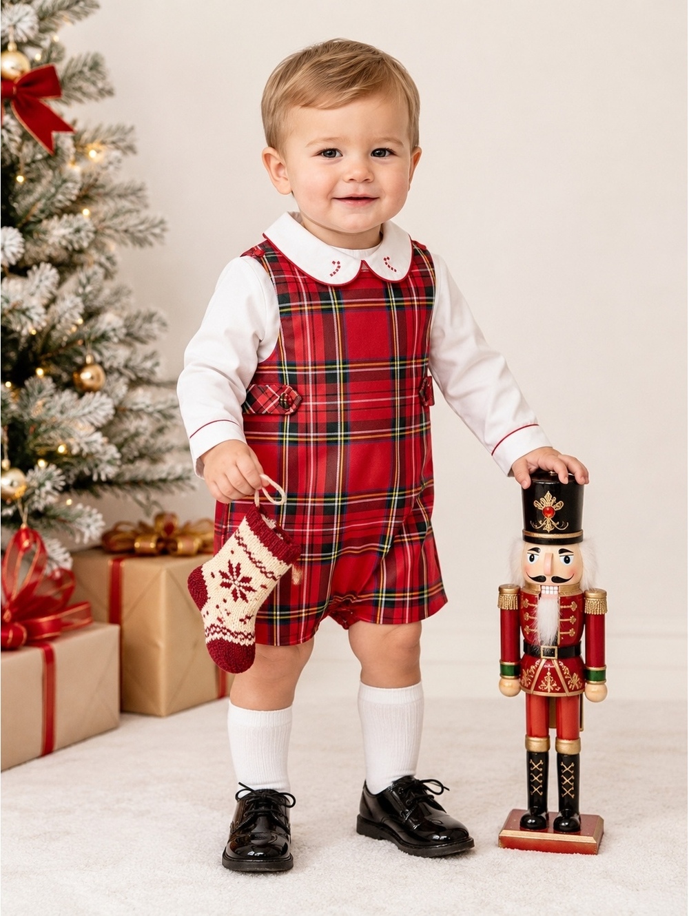 Edgehill Collection Candy Cane Shortall Set Kids Red Plaid Size 3T NWT